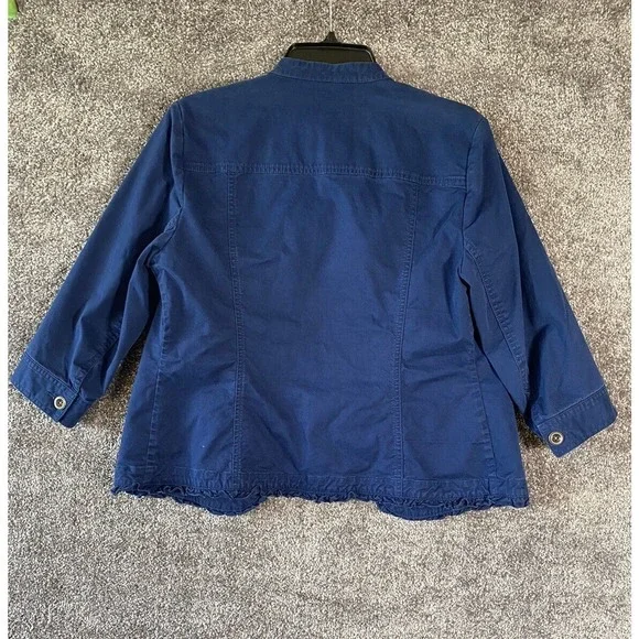 Chicos Jacket Womens Size 1 (Medium) Blue Blazer Ruffle‎ Open Front Preppy - Picture 2 of 13